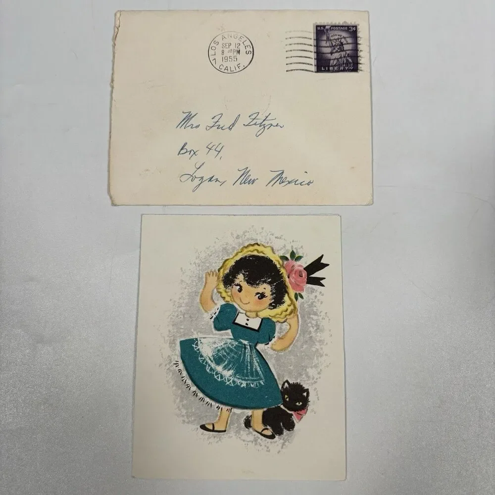 Vintage Hallmark Girl Kitty Cat Greeting Card Letter 1955 Handwritten Letter Art